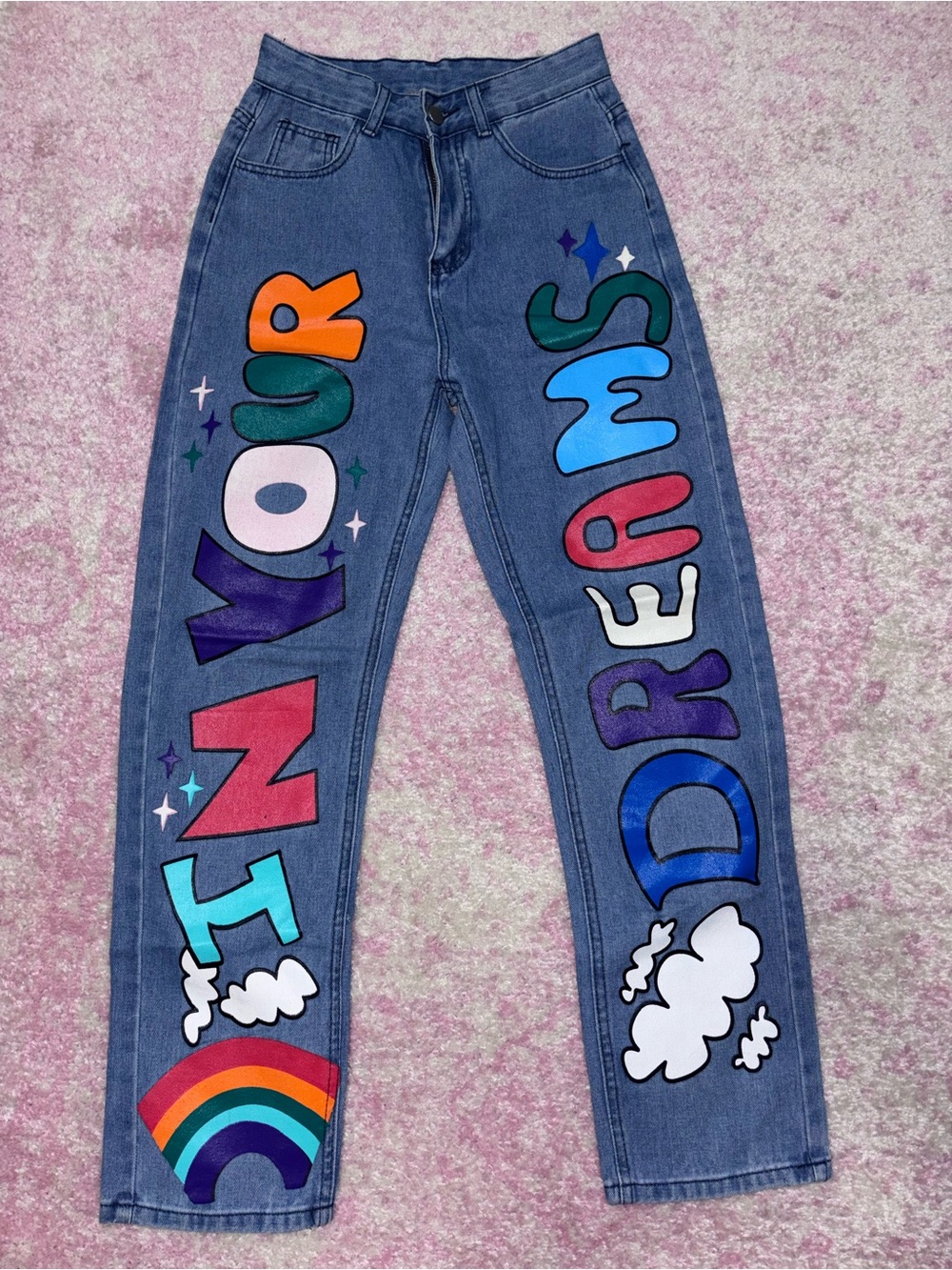 Straight Leg Painted Graphic Jeans in Blue — 'In Your Dreams' Style